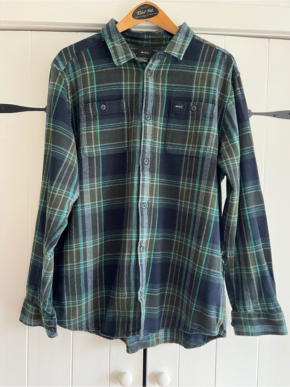 RVCA Men's Navy and Green Plaid Button-Down Shirt